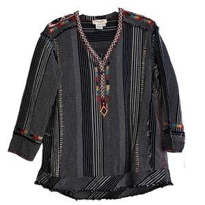 Tru Luxe Embroidered V-Neck Stripe Rough Cut Multicolored Top Small